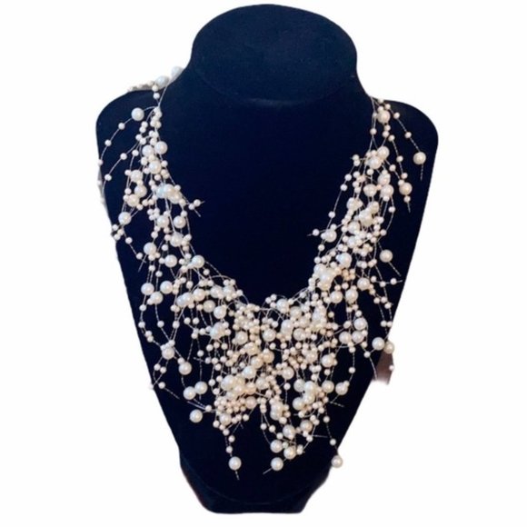 Dainty Pearl Look Cascading Beads Statement Necklace &Earrings Set, Ivory